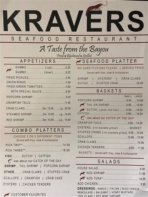 Specialties Seafood, fish, shrimp Established in 2004. . Kravers seafood daphne menu